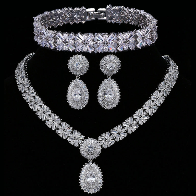 Elegant Bridal Zircon Jewelry Set – Platinum/K White Gold Necklace & Earrings