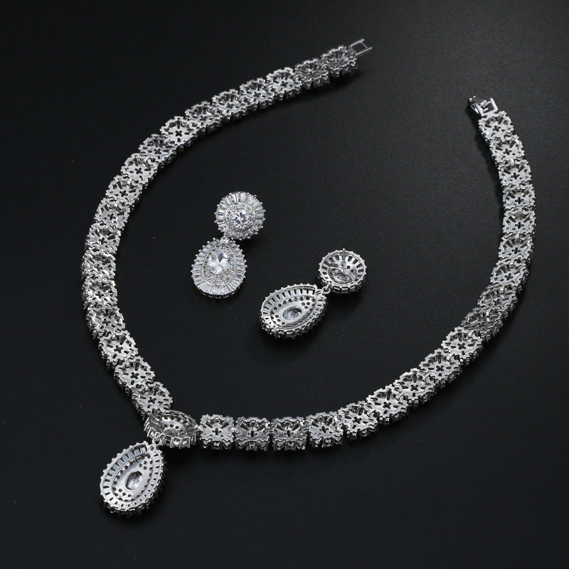 Elegant Bridal Zircon Jewelry Set – Platinum/K White Gold Necklace & Earrings