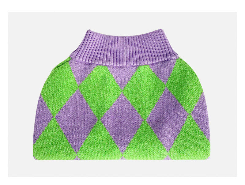 Trendy Plaid Dog Sweater - Purple Diamond Knit Pet Sweater (Core Spun Yarn)