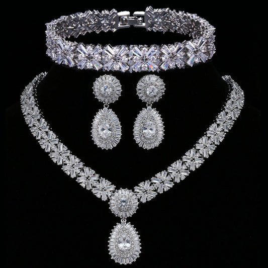 Elegant Bridal Zircon Jewelry Set – Platinum/K White Gold Necklace & Earrings