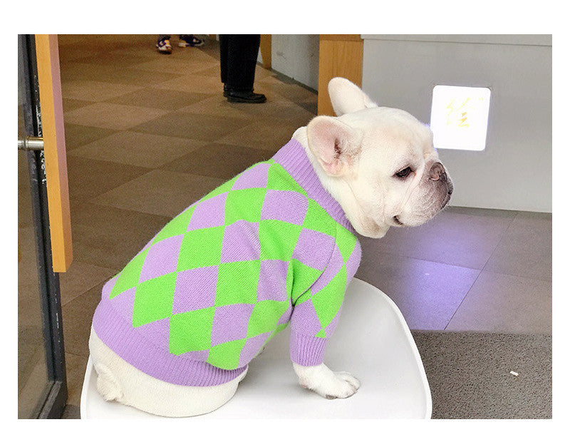 Trendy Plaid Dog Sweater - Purple Diamond Knit Pet Sweater (Core Spun Yarn)