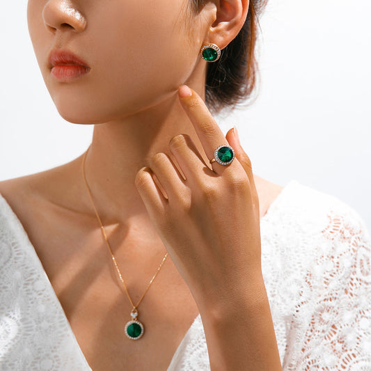 Elegant Round Emerald Jewelry Set – Gold Rhinestone Necklace & Earrings for Women