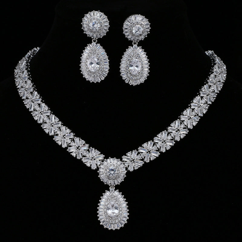 Elegant Bridal Zircon Jewelry Set – Platinum/K White Gold Necklace & Earrings