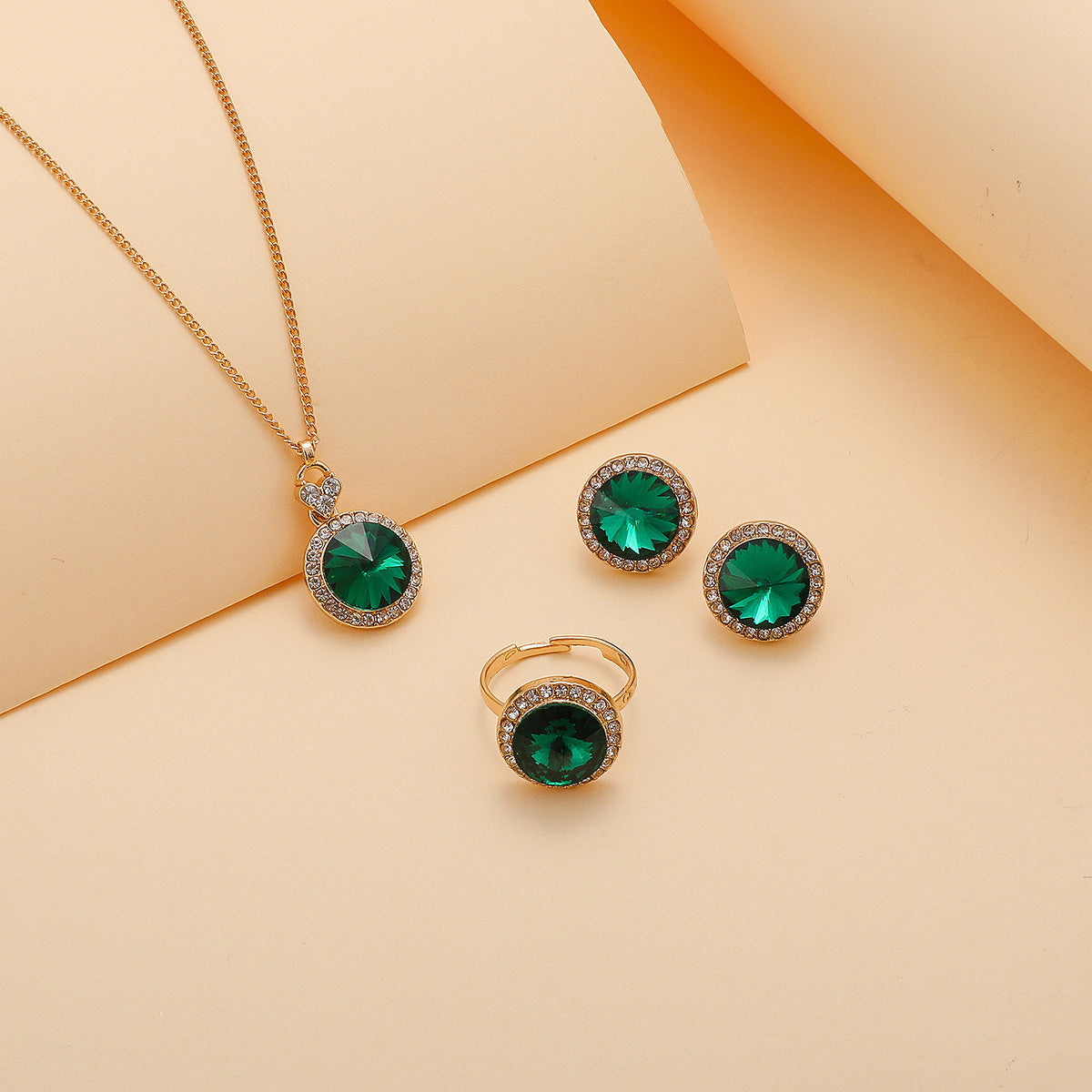 Elegant Round Emerald Jewelry Set – Gold Rhinestone Necklace & Earrings for Women