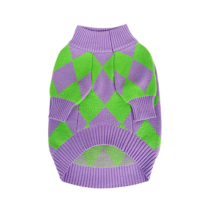 Trendy Plaid Dog Sweater - Purple Diamond Knit Pet Sweater (Core Spun Yarn)