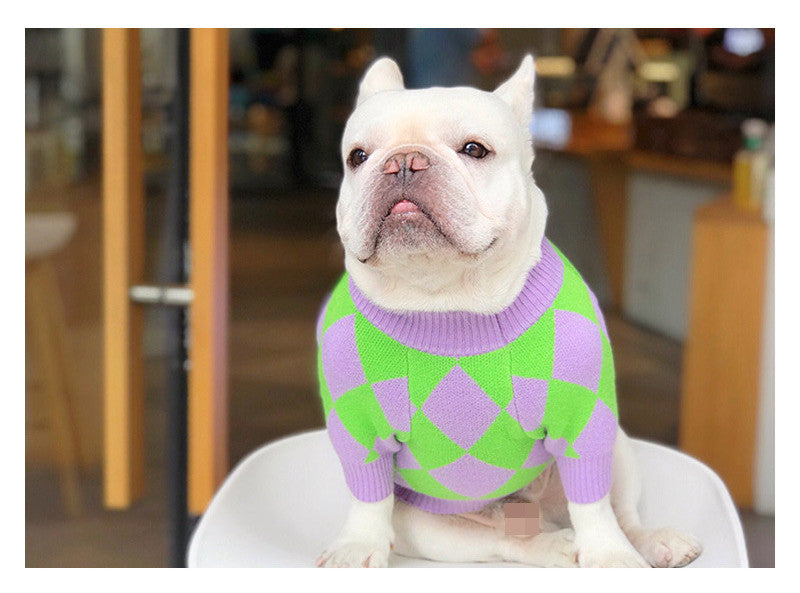 Trendy Plaid Dog Sweater - Purple Diamond Knit Pet Sweater (Core Spun Yarn)