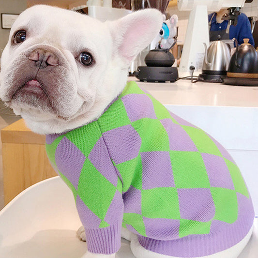 Trendy Plaid Dog Sweater - Purple Diamond Knit Pet Sweater (Core Spun Yarn)